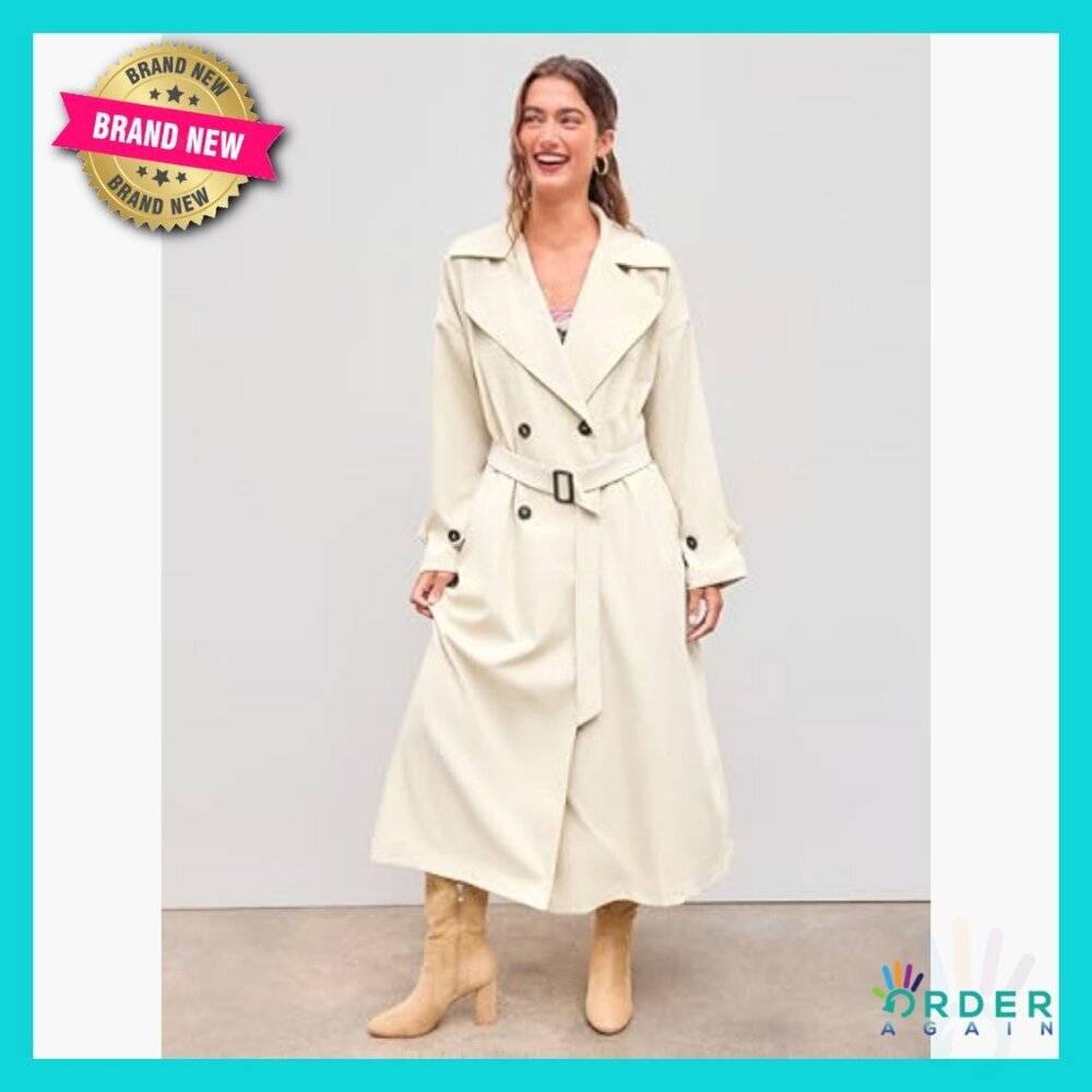 Oversized Trench Coat Long Length Classic Elegant Chic Minimal Belted - Picture 3 of 7